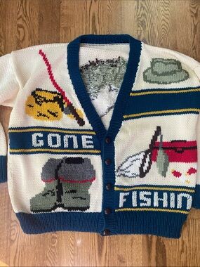 Vintage wool blend graphic gone fishing hand knit cardigan sweater Mary Maxim XL